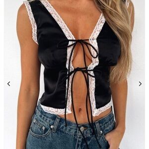 White Fox Boutique Satin Black Crop Top with White Lace